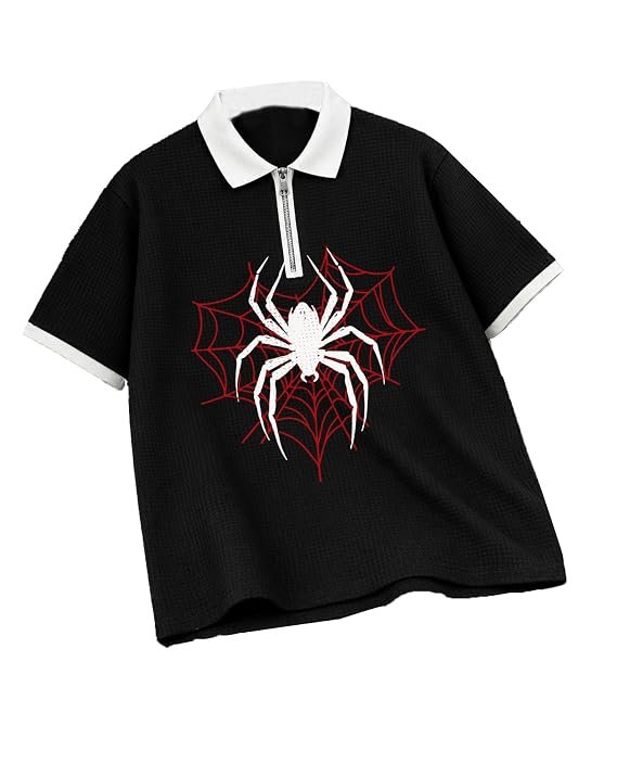 AUSK Men's Spider Graphic Printed Polo T-Shirt | Cotton Blend Textured Regular Fit Half Sleeve Zip Polo Neck Casual T-Shirt for Men - Image 3