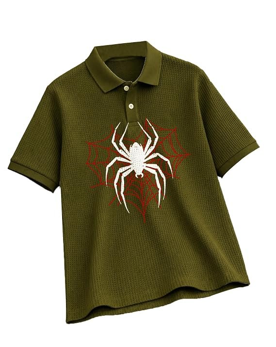 AUSK Men's Spider Graphic Printed Polo T-Shirt | Cotton Blend Textured Regular Fit Half Sleeve Zip Polo Neck Casual T-Shirt for Men